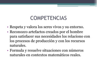 COMPETENCIAS
• Respeta y valora los seres vivos y su entorno.
• Reconozco artefactos creados por el hombre
para satisfacer sus necesidades los relaciono con
los procesos de producción y con los recursos
naturales.
• Formula y resuelve situaciones con números
naturales en contextos matemáticos reales.

 