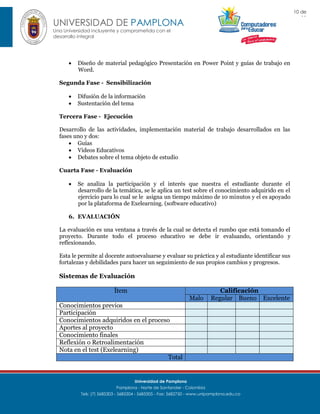 10 de
11

UNIVERSIDAD DE PAMPLONA
Una Universidad incluyente y comprometida con el
desarrollo integral



Diseño de material pedagógico Presentación en Power Point y guías de trabajo en
Word.

Segunda Fase - Sensibilización



Difusión de la información
Sustentación del tema

Tercera Fase - Ejecución
Desarrollo de las actividades, implementación material de trabajo desarrollados en las
fases uno y dos:
 Guías
 Videos Educativos
 Debates sobre el tema objeto de estudio
Cuarta Fase - Evaluación


Se analiza la participación y el interés que nuestra el estudiante durante el
desarrollo de la temática, se le aplica un test sobre el conocimiento adquirido en el
ejercicio para lo cual se le asigna un tiempo máximo de 10 minutos y el es apoyado
por la plataforma de Exelearning. (software educativo)

6. EVALUACIÓN
La evaluación es una ventana a través de la cual se detecta el rumbo que está tomando el
proyecto. Durante todo el proceso educativo se debe ir evaluando, orientando y
reflexionando.
Esta le permite al docente autoevaluarse y evaluar su práctica y al estudiante identificar sus
fortalezas y debilidades para hacer un seguimiento de sus propios cambios y progresos.

Sistemas de Evaluación
Ítem
Malo

Calificación
Regular Bueno Excelente

Conocimientos previos
Participación
Conocimientos adquiridos en el proceso
Aportes al proyecto
Conocimiento finales
Reflexión o Retroalimentación
Nota en el test (Exelearning)
Total

Universidad de Pamplona
Pamplona - Norte de Santander - Colombia
Tels: (7) 5685303 - 5685304 - 5685305 - Fax: 5682750 - www.unipamplona.edu.co

 