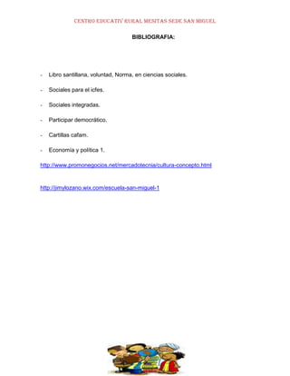 CENTRO EDUCATIV RURAL MESITAS SEDE SAN MIGUEL
BIBLIOGRAFIA:

-

Libro santillana, voluntad, Norma, en ciencias sociales.

-

Sociales para el icfes.

-

Sociales integradas.

-

Participar democrático.

-

Cartillas cafam.

-

Economía y política 1.

http://www.promonegocios.net/mercadotecnia/cultura-concepto.html

http://jimylozano.wix.com/escuela-san-miguel-1

 