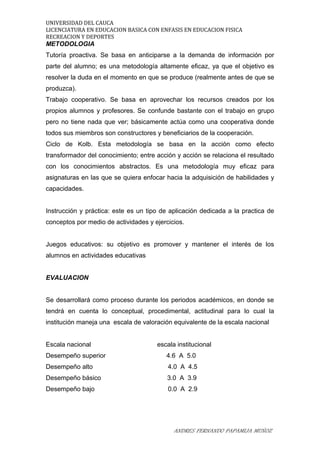 UNIVERSIDAD DEL CAUCA
LICENCIATURA EN EDUCACION BASICA CON ENFASIS EN EDUCACION FISICA
RECREACION Y DEPORTES
METODOLOGIA
Tutoría proactiva. Se basa en anticiparse a la demanda de información por
parte del alumno; es una metodología altamente eficaz, ya que el objetivo es
resolver la duda en el momento en que se produce (realmente antes de que se
produzca).
Trabajo cooperativo. Se basa en aprovechar los recursos creados por los
propios alumnos y profesores. Se confunde bastante con el trabajo en grupo
pero no tiene nada que ver; básicamente actúa como una cooperativa donde
todos sus miembros son constructores y beneficiarios de la cooperación.
Ciclo de Kolb. Esta metodología se basa en la acción como efecto
transformador del conocimiento; entre acción y acción se relaciona el resultado
con los conocimientos abstractos. Es una metodología muy eficaz para
asignaturas en las que se quiera enfocar hacia la adquisición de habilidades y
capacidades.
Instrucción y práctica: este es un tipo de aplicación dedicada a la practica de
conceptos por medio de actividades y ejercicios.
Juegos educativos: su objetivo es promover y mantener el interés de los
alumnos en actividades educativas
EVALUACION
Se desarrollará como proceso durante los periodos académicos, en donde se
tendrá en cuenta lo conceptual, procedimental, actitudinal para lo cual la
institución maneja una escala de valoración equivalente de la escala nacional
Escala nacional escala institucional
Desempeño superior 4.6 A 5.0
Desempeño alto 4.0 A 4.5
Desempeño básico 3.0 A 3.9
Desempeño bajo 0.0 A 2.9
ANDRES FERNANDO PAPAMIJA MUÑOZ
 