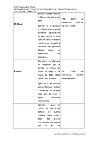 UNIVERSIDAD DEL CAUCA
LICENCIATURA EN EDUCACION BASICA CON ENFASIS EN EDUCACION FISICA
RECREACION Y DEPORTES
Dribling:
dibujados antes y seguir
driblando sin salirse de
este.
Ejercicio 2: en parejas
uno frente al otro a una
distancia aproximada
de dos metros, el que
tiene el balón avanzara
mientras su compañero
retrocede en posición
básica, luego se
intercambia de
posiciones.
Pito, balón de
baloncesto, cancha,
ropa adecuada.
Pivotar:
Ejercicio 1: los alumnos
se desplazan por la
cancha en forma de
hilera, al llegar a la
marca se debe hacer
pie de pívot y seguir.
Ejercicio 2: el alumno
sale de la línea y dribla,
cuando se le indique
hace pie de pívot y
sigue driblando
rápidamente.
Pito, balón de
baloncesto, cancha,
ropa adecuada.
Ejercicio 1: pase de
pecho, se realiza en
parejas los cuales
deberán darse pases,
cada dos pases
retrocederán dos pasos
con el fin de
ANDRES FERNANDO PAPAMIJA MUÑOZ
 