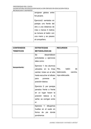 UNIVERSIDAD DEL CAUCA
LICENCIATURA EN EDUCACION BASICA CON ENFASIS EN EDUCACION FISICA
RECREACION Y DEPORTES
arrojaran globos entre
los grupos.
Ejercicio2: sentados en
parejas uno frente del
otro a una distancia de
más o menos 4 metros
se tomara el balón con
una mano y se pasara
al compañero.
CONTENIDOS
TEMÁTICOS
ESTRATEGIAS
METODOLÓGICAS
RECURSOS
lanzamiento:
Se desarrollaran
actividades y ejercicios
tales como:
Ejercicio 1: los alumnos
ubicados en la línea
central, trotan en el sitio
hasta escuchar el silbato
para ponerse en
posición básica.
Ejercicio 2: por parejas
parados frente a frente
en un lugar hacen la
posición básica a la
señal, se corrigen entre
sí.
Pito, balón de
baloncesto, cancha,
ropa adecuada.
Ejercicio 1: dibujamos
huellas en el suelo en
forma de pie donde
pondremos
ANDRES FERNANDO PAPAMIJA MUÑOZ
 