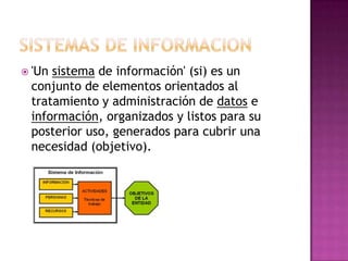 SISTEMAS DE INFORMACION'Un sistema de información' (si) es un conjunto de elementos orientados al tratamiento y administración de datos e información, organizados y listos para su posterior uso, generados para cubrir una necesidad (objetivo). 