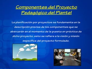 Componentes del Proyecto
Pedagógico del Plantel
La planificación por proyectos se fundamenta en la
descripción precisa de los componentes que se
abarcarán en el momento de la puesta en práctica de
dicho proyecto, esto se refiere a la visión y misión
específica del proyecto formulado.

 
