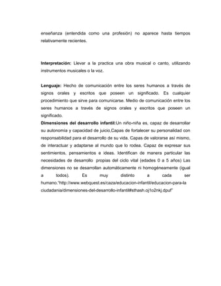 enseñanza (entendida como una profesión) no aparece hasta tiempos
relativamente recientes.

Interpretación: Llevar a la practica una obra musical o canto, utilizando
instrumentos musicales o la voz.

Lenguaje: Hecho de comunicación entre los seres humanos a través de
signos orales y escritos que poseen un significado. Es cualquier
procedimiento que sirve para comunicarse. Medio de comunicación entre los
seres humanos a través de signos orales y escritos que poseen un
significado.
Dimensiones del desarrollo infantil:Un niño-niña es, capaz de desarrollar
su autonomía y capacidad de juicio,Capas de fortalecer su personalidad con
responsabilidad para el desarrollo de su vida. Capas de valorarse así mismo,
de interactuar y adaptarse al mundo que lo rodea. Capaz de expresar sus
sentimientos, pensamientos e ideas. Identifican de manera particular las
necesidades de desarrollo propias del ciclo vital (edades 0 a 5 años) Las
dimensiones no se desarrollan automáticamente ni homogéneamente (igual
a

todos).

Es

muy

distinto

a

cada

ser

humano.“http://www.webquest.es/caza/educacion-infantil/educacion-para-la
ciudadania/dimensiones-del-desarrollo-infantil#sthash.oj1o2nkj.dpuf”

 