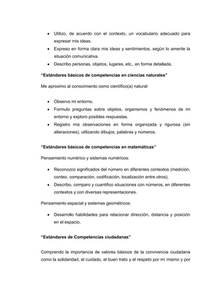 Utilizo, de acuerdo con el contexto, un vocabulario adecuado para
expresar mis ideas.
Expreso en forma clara mis ideas y sentimientos, según lo amerite la
situación comunicativa.
Describo personas, objetos, lugares, etc., en forma detallada.
“Estándares básicos de competencias en ciencias naturales”
Me aproximo al conocimiento como científico(a) natural:

Observo mi entorno.
Formulo preguntas sobre objetos, organismos y fenómenos de mi
entorno y exploro posibles respuestas.
Registro mis observaciones en forma organizada y rigurosa (sin
alteraciones), utilizando dibujos, palabras y números.
“Estándares básicos de competencias en matemáticas”
Pensamiento numérico y sistemas numéricos:
Reconozco significados del número en diferentes contextos (medición,
conteo, comparación, codificación, localización entre otros).
Describo, comparo y cuantifico situaciones con números, en diferentes
contextos y con diversas representaciones.
Pensamiento espacial y sistemas geométricos:
Desarrollo habilidades para relacionar dirección, distancia y posición
en el espacio.
“Estándares de Competencias ciudadanas”

Comprendo la importancia de valores básicos de la convivencia ciudadana
como la solidaridad, el cuidado, el buen trato y el respeto por mí mismo y por

 