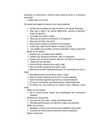 sentaods, en semicírculo, mirando todos hacia el centro a al persona
que dirige.
- A bailar solo con la cara:
Se repite cada agesto al menos cinco veces bailando
 Al ritmo de merengue los ojos se abren y se cierran al tiempo.
 Ojos que e abren y se cierran alternando: primero el derecho,
luego el izquierdo
 Las cejas que suben y bajan
 Nariz que se tuerce a la derecha, a la izquierda
 Boca que se abre y se cierra
 Boca que se tuerce a la derecha a la izquierda
 Labios que salen (como dando un beso) y entran
 Las mejillas que se inflan, primero la derecha, luego la izquierda
- Bailar con la cabeza:
 Cabeza que se incliana hacia delante
 Cabeza que se gira a la derecha, gira a la izquierda
 Cabeza que se inclina hacia la derecha, se inclina a la izquierda
 . Bailar con los hombros:
 Solo el hombro derecho que sube y baja
 Solo el hombro izquierdo que sube y baja
 Alternando hombro derechoeizqiuerdo en movimiento de subir y
bajar
 Simultáneamente los hombros suben y bajan
 Solo el hombro derecho que forma en circulo bailando
 Solo el hombro izquierdo que forma un circulo bailando
 El mismo movimiento, simultáneamente y alternadamente
 Al tiempo los dos hombros se mueven hacia adelante, hacia
atrás.
- Bailar con los brazos:
 De la misma forma buscar las posibilidades de movimiento
bailando
- Bailando con las piernas
 Las piernas que suben y bajan simultáneamente
 Simultáneamente giran a la derecha, luego a la izquierda
- Bailar con el tronco
 Sentados, el tronco se inclinara hacia adelante, hacia atrás
 El tronco se inclina hacia la derecha, hacia la izquierda
- Bailar con los pies

 