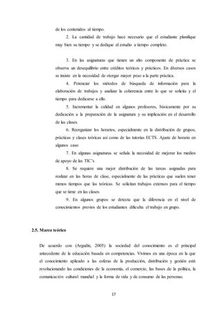 17
de los contenidos al tiempo.
2. La cantidad de trabajo hace necesario que el estudiante planifique
muy bien su tiempo y se dedique al estudio a tiempo completo.
3. En las asignaturas que tienen un alto componente de práctica se
observa un desequilibrio entre créditos teóricos y prácticos. En diversos casos
se insiste en la necesidad de otorgar mayor peso a la parte práctica.
4. Potenciar los métodos de búsqueda de información para la
elaboración de trabajos y analizar la coherencia entre lo que se solicita y el
tiempo para dedicarse a ello.
5. Incrementar la calidad en algunos profesores, básicamente por su
dedicación a la preparación de la asignatura y su implicación en el desarrollo
de las clases.
6. Reorganizar los horarios, especialmente en la distribución de grupos,
prácticas y clases teóricas así como de las tutorías ECTS. Ajuste de horario en
algunos caso
7. En algunas asignaturas se señala la necesidad de mejorar los medios
de apoyo de las TIC’s
8. Se requiere una mejor distribución de las tareas asignadas para
realizar en las horas de clase, especialmente de las prácticas que suelen tener
menos tiempos que las teóricas. Se solicitan trabajos extensos para el tiempo
que se tiene en las clases.
9. En algunos grupos se detecta que la diferencia en el nivel de
conocimientos previos de los estudiantes dificulta el trabajo en grupo.
2.5. Marco teórico
De acuerdo con (Argudín, 2005) la sociedad del conocimiento es el principal
antecedente de la educación basada en competencias. Vivimos en una época en la que
el conocimiento aplicado a las esferas de la producción, distribución y gestión está
revolucionando las condiciones de la economía, el comercio, las bases de la política, la
comunicación cultural mundial y la forma de vida y de consumo de las personas.
 