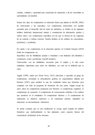 20
variadas, voluntad y capacidad para caracterizar las situaciones a fin de convertirlas en
oportunidades de transferir.
Existen dos tipos de competencias en educación básica que plantea la (OCDE, 2002):
las transversales y las específicas. Las competencias transversales son aquellas
esenciales para el desarrollo vital de todos los individuos, se dividen en los siguientes
ámbitos: intelectual, interpersonal, manejo y comunicación de información, gestión, y
valores éticos. Las competencias específicas son las que se derivan de las exigencias
de un contexto o trabajo concreto. Pueden dividirse en los ámbitos: de conocimiento,
profesional, y académico.
En cuanto a las competencias en la educación superior, la Comisión Europea (2010)
divide las competencias en:
Específicas: son las habilidades propias o vinculadas a una titulación; dan identidad y
consistencia social y profesional al perfil formativo.
Transversales: son las habilidades necesarias para el empleo y la vida como
ciudadano, importantes para todos los individuos, sea cual sea la titulación que se
curse.
Angulo (1999), citado por (Pavie Nova, 2012) selecciona y especifica un grupo de
competencias, retomando la denominación genérica de requerimientos utilizada por
Houston (1987), para nombrar lo que los estudiantes tienen que demostrar para
completar con éxito un programa de formación. De esta suerte, Angulo recoge las
cinco clases de competencias propuestas por Houston: 1) competencias cognitivas; 2)
competencias de actuación; 3) competencias de consecuencias (referidas a los cambios
que producen en el estudiante); 4) competencias afectivas y 5) competencias de
exploración (u objetivos expresivos o de experiencia práctica, adquiridos en
situaciones no necesariamente educativas).
Se puede constatar que en esta clasificación se recoge aquel conjunto de ámbitos
formativos que tradicionalmente se han planteado como espacios básicos del
conocimiento profesional de los docentes.
 