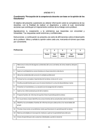 61
ANEXO N° 2
Cuestionario “Percepción de la competencia docente con base en la opinión de los
Estudiantes”
El objetivo del presente cuestionario es obtener información sobre la competencia de tus
docentes; con la finalidad de realizar un diagnóstico, y sobre el cual, recomendar
acciones que contribuyan al mejoramiento continuo de su trabajo como profesor.
Agradecemos tu cooperación, y te solicitamos que respondas con sinceridad y
honestidad. Tus respuestas serán anónimas y confidenciales.
Instrucciones: a continuación se presenta una serie de afirmaciones sobre el desempeño
de tu profesor. Ubica y señala tu opinión sobre cada una, marcando el número que creas
por conveniente.
Profesor(a):
----------------------------------------------------
1 Menciona la relación dealgunos contenidos del curso con temas de otras materias del plan
de estudios
2 Explica la utilidad delos conocimientos en situaciones dela vida diaria
3 Ubica los contenidos del curso en el contexto profesional
4 Puntualiza los conceptos importantes de los temas vistos en el curso
5 Enseña procedimientos para usar el conocimiento en la solución deproblemas reales
6 Presenta la lista detemas y su secuencia en el programa de la materia
7 Explica los criteriosdeevaluación dela materia
8 Propone fuentes de información quefacilitan el aprendizajedelos temas
9 En las primeras clases identificalosconocimientos delos estudiantes sobrela materia
10 Modifica lasactividades o fuentes de información para adecuarlas a las necesidades del
grupo
11 Plantea situaciones con problemas reales quefavorecen mi aprendizajede los temas
12 Realiza actividades en clasequeme motivan a aplicar lo aprendido fuera del aula
13 Estuvo disponiblepara dar asesoríasindividuales cuando lo necesite
1 2 3 4 5
Nunca Casi
nunca
Algunas
veces
Casi
siempre
Siempre
 