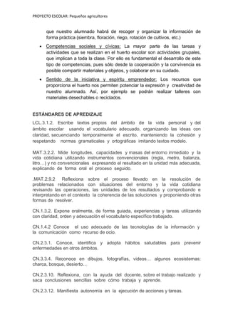 PROYECTO ESCOLAR: Pequeños agricultores
que nuestro alumnado habrá de recoger y organizar la información de
forma práctica (siembra, floración, riego, rotación de cultivos, etc.)
 Competencias sociales y cívicas: La mayor parte de las tareas y
actividades que se realizan en el huerto escolar son actividades grupales,
que implican a toda la clase. Por ello es fundamental el desarrollo de este
tipo de competencias, pues sólo desde la cooperación y la convivencia es
posible compartir materiales y objetos, y colaborar en su cuidado.
 Sentido de la iniciativa y espíritu emprendedor: Los recursos que
proporciona el huerto nos permiten potenciar la expresión y creatividad de
nuestro alumnado. Así, por ejemplo se podrán realizar talleres con
materiales desechables o reciclados.
ESTÁNDARES DE APREDIZAJE
LCL.3.1.2. Escribe textos propios del ámbito de la vida personal y del
ámbito escolar usando el vocabulario adecuado, organizando las ideas con
claridad, secuenciando temporalmente el escrito, manteniendo la cohesión y
respetando normas gramaticales y ortográficas imitando textos modelo.
MAT.3.2.2. Mide longitudes, capacidades y masas del entorno inmediato y la
vida cotidiana utilizando instrumentos convencionales (regla, metro, balanza,
litro…) y no convencionales expresando el resultado en la unidad más adecuada,
explicando de forma oral el proceso seguido.
.MAT.2.9.2 Reflexiona sobre el proceso llevado en la resolución de
problemas relacionados con situaciones del entorno y la vida cotidiana
revisando las operaciones, las unidades de los resultados y comprobando e
interpretando en el contexto la coherencia de las soluciones y proponiendo otras
formas de resolver.
CN.1.3.2. Expone oralmente, de forma guiada, experiencias y tareas utilizando
con claridad, orden y adecuación el vocabulario específico trabajado.
CN.1.4.2 Conoce el uso adecuado de las tecnologías de la información y
la comunicación como recurso de ocio.
CN.2.3.1. Conoce, identifica y adopta hábitos saludables para prevenir
enfermedades en otros ámbitos.
CN.3.3.4. Reconoce en dibujos, fotografías, videos… algunos ecosistemas:
charca, bosque, desierto…
CN.2.3.10. Reflexiona, con la ayuda del docente, sobre el trabajo realizado y
saca conclusiones sencillas sobre cómo trabaja y aprende.
CN.2.3.12. Manifiesta autonomía en la ejecución de acciones y tareas.
 