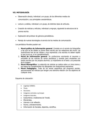 VII. METODOLOGÍA
 Observación directa, individual y en grupo, de los diferentes medios de
comunicación y sus principales características.
 Lectura y análisis, individual y en grupo, de distintos tipos de artículos.
 Creación de noticias y artículos, individual y engrupo, siguiendo la estructura de la
prensa escrita.
 Explicación del profesor de géneros periodísticos.
 Manejo de nuevas tecnologías al servicio de los medios de comunicación.
Los periódicos Murales pueden ser:
1. Mural gráfico de Información general: Consiste en el recorte de fotografías
a las que se les añade un breve texto escrito por los redactores del mural. Las
ilustraciones han de ser nítidas y muy expresivas y los escritos no deben repetir
lo que ya se ve, si no complementarlo.
2. Mural de Información general: Se confecciona recortando el resumen o
entradilla de las noticias de varios periódicos y revistas para ampliarlas con
textos escritos por los propios alumnos. Lo importante es el texto y se prescinde
de la imagen.
3. Mural Monográfico: La selección de noticias se realiza sobre un único tema y
los textos los complementan los dibujantes con ilustraciones expresivas.
4. Mural Pedagógico: Trata de los temas específicos del programa escolar,
aprovechando las noticias que tengan una estrecha relación con los objetivos de
cualquier área.
Esquema de colocación:
 Logotipo COBAEJ.
 Título.
 Secciones.
 Imágenes centrales o principal.
 Imágenes laterales.
 Costumbres y tradiciones de Tonalá.
 Efemérides.
 Literaria o de reflexión.
 Humor, entretenimiento.
 Información de Sociales, deportes, científica.
 