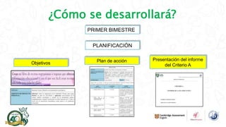 ¿Cómo se desarrollará?
PRIMER BIMESTRE
PLANIFICACIÓN
Objetivos
Presentación del informe
del Criterio A
Plan de acción
 