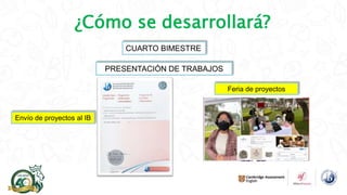 ¿Cómo se desarrollará?
CUARTO BIMESTRE
PRESENTACIÓN DE TRABAJOS
Feria de proyectos
Envío de proyectos al IB
 