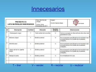 Innecesarios T – tirar V – vender R – reciclar U – reubicar   