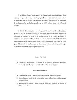 En la elaboración del primer cultivo no fue necesaria la utilización del abono
orgánico ya que la tierra se encontraba preparada solo fue necesario remover la tierra
y prepararla para el cultivo sin embargo existieron, limitantes no se obtuvieron
favorablemente los resultados deseados de un 100% solo se obtuvo el 10% de la
siembra.


     En síntesis el abono orgánico no participo directamente en el desarrollo de dicha
planta; al realizar el segundo cultivo se utilizo una porción de abono orgánico sin
necesidad de remover la tierra de la misma manera no se obtuvo resultados, se
determino una tercera siembra en donde se hizo un removimiento total de la tierra
para luego incorporar abono orgánico para cultivar nuevamente esto sirvió de ayuda
para el desarrollo de la planta que se obtuvo en el primer cultivo ayudando a que
dicha planta comenzara a dar los primeros frutos.




                                 Objetivo General


    Estudio del crecimiento y desarrollo de la planta de pimentón (Capsicum
       Annuum), en el “Complejo Educativo Dr. Rafael Calles Sierra”


                               Objetivos Específicos


    Estudiar las ventajas y desventajas del pimentón (Capsicum Annuum)
    Determinar por medio de la observación como influyen los fertilizantes que
       serán utilizados.
    Analizar el crecimiento y desarrollo de la planta, por medio de su siembra en
       el huerto escolar.
 