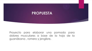 PROPUESTA




Proyecto para elaborar una pomada para
dolores musculares a base de la hoja de la
guanábana , romero y jengibre.
 