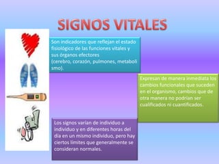 Son indicadores que reflejan el estado
fisiológico de las funciones vitales y
sus órganos efectores
(cerebro, corazón, pulmones, metaboli
smo).
                                         Expresan de manera inmediata los
                                         cambios funcionales que suceden
                                         en el organismo, cambios que de
                                         otra manera no podrían ser
                                         cualificados ni cuantificados.


 Los signos varían de individuo a
 individuo y en diferentes horas del
 día en un mismo individuo, pero hay
 ciertos límites que generalmente se
 consideran normales.
 