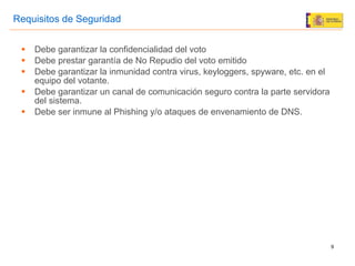 Debe garantizar la confidencialidad del voto Debe prestar garant ía de  No Repudio del voto emitido Debe garantizar la inmunidad contra virus, keyloggers, spyware, etc. en el equipo del votante. Debe garantizar un canal de comunicaci ón seguro contra la parte servidora del sistema. Debe ser inmune al Phishing y/o ataques de envenamiento de DNS. Requisitos de Seguridad 