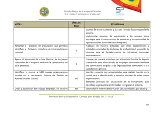 Alcaldía Mayor de Cartagena De Indias
                                                    D i strito Turístico y Cultural



                                                           LÍNEA DE
METAS                                                                                              ESTRATEGIAS
                                                             BASE
                                                                        asuntos de manera anterior y a su vez brindar la correspondiente
                                                                        asesoría.
                                                                        Implementar sistemas de seguimiento a los proceso como
                                                                        estrategia para la construcción de memorias y la continuidad de
                                                                        algunas acciones (bases de batos Integrales).
Adelantar 3 procesos de articulación que permitan                       Trabajara de manera articulada con otras dependencias y
identificar y fortalecer iniciativas de Emprendimiento                  entidades encargadas de los temas de productividad y creación de
                                                              0
comunal                                                                 empresa para el fortalecimiento de iniciativas comunales
                                                                        emprendedoras.
Apoyar el desarrollo de la fase Distrital de los juegos                 Trabajara de manera articulada con el Instituto Distrital de deporte
comunales de Cartagena mediante la convocatoria de                      y recreación para el desarrollo de los juegos comunales mediante
                                                              0
1500 personas.                                                          una convocatoria dirigida a las Organizaciones comunales y a la
                                                                        ciudadanía en general.
Identificar y montar a 1000 nuevas organizaciones                       Suscribir convenio con universidades para realizar barrido en la
sociales en la herramienta Sistema de Gestión de                        ciudad para la identificación y posterior montaje de estas nuevas
Actores Sociales (SIGAS)                                     500        organizaciones.
                                                                        Adelantar procesos de socialización de la herramienta para
                                                                        identificar organizaciones interesadas en ingresar al sistema.
Crear y posicionar 500 nuevas empresas en sectores            ND        Desarrollar el fomento empresarial y el autoempleo por sector y


                                   Proyecto Plan de Desarrollo "Campo para Tod@s 2012 - 2015"


                                                                                                                                        101
 