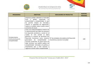 Alcaldía Mayor de Cartagena De Indias
                                              D i strito Turístico y Cultural



                                                                                                           RESPONS.
       PROGRAMAS                     OBJETIVOS                         INDICADORES DE PRODUCTOS
                                                                                                           MISIONAL
                        empresas puedan sobrevivir al mercado
                        local    y     global,   mejorando      su
                        productividad y competitividad, lo que
                        les permite ampliar los mercados,
                        mejorar su capacidad de negociación,
                        mejorar su calidad, reducir costos y tener
                        economías de escala
                        Crear una institucionalidad al interior de
                        la administración que lidere los procesos
                        de desarrollo económico y social en la
                        ciudad, En este sentido se debe
                        gestionar la creación de Secretaria De
Fortalecimiento
                        Desarrollo Económico como instancia N° de entidades articuladoras del Desarrollo
Institucional para la                                                                                        UDE
                        generadora de          competitividad e Económico y Social en la Ciudad
Competitividad
                        inclusión productiva, de igual forma de
                        debe formular una política pública de
                        competitividad articulada a la política y
                        lineamientos que a nivel nacional y
                        regional se tienen sobre competitividad.




                              Proyecto Plan de Desarrollo "Campo para Tod@s 2012 - 2015"


                                                                                                                      134
 