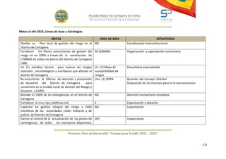 Alcaldía Mayor de Cartagena De Indias
                                                      D i strito Turístico y Cultural



Metas al año 2015, Líneas de base y Estrategias

                          METAS                                 LÍNEA DE BASE                         ESTRATEGIAS
 Diseñar un Plan local de gestión del riesgo en el         ND                   Coordinación Interinstitucional
 Distrito de Cartagena
 Fortalecer los Planes comunitarios de gestión del         50 COMBAS            Organización y capacitación comunitaria
 riesgo en un 100% a través de la constitución de
 COMBAS en todos los barrio del Distrito de Cartagena
 (180)
 Un (1) estudios técnico para evaluar los riesgos          Un (1) Mapa de       Consultoría especializada
 naturales , tecnolológicos y antrópicos que afectan el    susceptibilidad de
 distrito de Cartagena                                     riesgos
 Re-estructurar la Oficina de atención y prevención        Una (1) ODPA         Acuerdo del Concejo Distrital
 de desastres del Distrito de Cartagena             para                        Disposición de los recursos para la re-estructuracion
 convertirla en la Unidad Local de Gestión del Riesgo y
 Desastre, -ULGRD -
 Atender el 100% de las emergencias en el Distrito de      ND                   Atención humanitaria inmediata
 Cartagena
 Fortalecer la cruz roja y defensa civil                   2                    Capacitación y dotación
 Capacitar en gestión integral del riesgo a 2400           ND                   Capacitación
 miembros de las autoridades civiles militares y de
 policía del Distrito de Cartagena
 Ejercer el control de la actualización de los planes de   205                  Inspecciones
 contingencia de todos los escenarios Deportivos,


                                     Proyecto Plan de Desarrollo "Campo para Tod@s 2012 - 2015"


                                                                                                                                        173
 