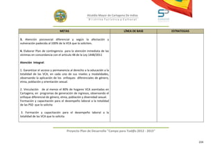 Alcaldía Mayor de Cartagena De Indias
                                                    D i strito Turístico y Cultural



                              METAS                                          LÍNEA DE BASE      ESTRATEGIAS

3. Atención psicosocial diferencial y según la afectación y
vulneración padecida al 100% de la VCA que la soliciten.

4. Elaborar Plan de contingencia para la atención inmediata de las
víctimas en concordancia con el artículo 48 de la Ley 1448/2011

Atención Integral:

1. Garantizar el acceso y permanencia al derecho a la educación a la
totalidad de las VCA, en cada uno de sus niveles y modalidades,
observando la aplicación de los enfoques diferenciales de género,
etnia, población y orientación sexual.

2. Vinculación de al menos el 80% de hogares VCA asentadas en
Cartagena, en programas de generación de ingresos, observando el
enfoque diferencial de género, etnia, población y diversidad sexual.
Formación y capacitación para el desempeño laboral a la totalidad
de las PSD que lo solicita

 3. Formación y capacitación para el desempeño laboral a la
totalidad de las VCA que lo solicita



                                   Proyecto Plan de Desarrollo "Campo para Tod@s 2012 - 2015"


                                                                                                              224
 