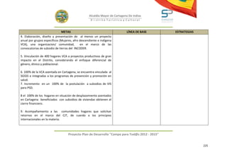 Alcaldía Mayor de Cartagena De Indias
                                                   D i strito Turístico y Cultural



                               METAS                                        LÍNEA DE BASE       ESTRATEGIAS
4. Elaboración, diseño y presentación de al menos un proyecto
anual por grupos específicos (Mujeres, afro descendiente e indígena
VCA), una organizacion/ comunidad,          en el marco de las
convocatorias de subsidio de tierras del INCODER.

5. Vinculación de 400 hogares VCA a proyectos productivos de gran
impacto en el Distrito, considerando el enfoque diferencial de
género, étnico y poblacional.

6. 100% de la VCA asentada en Cartagena, se encuentra vinculada al
SGSSS e integradas a los programas de prevención y promoción en
salud.
7. Incremento en un 100% de la postulación a subsidios de VIS
para PSD.

8 el 100% de los hogares en situación de desplazamiento asentados
en Cartagena beneficiados con subsidios de viviendas obtienen el
cierre financiero.

9. Acompañamiento a las comunidades hogares que solicitan
retornos en el marco del CJT, de cuerdo a los principios
internacionales en la materia.



                                   Proyecto Plan de Desarrollo "Campo para Tod@s 2012 - 2015"


                                                                                                              225
 