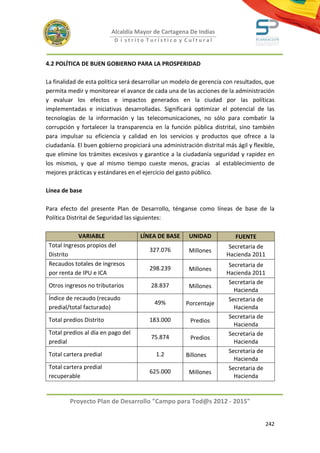 Alcaldía Mayor de Cartagena De Indias
                           D i strito Turístico y Cultural



4.2 POLÍTICA DE BUEN GOBIERNO PARA LA PROSPERIDAD

La finalidad de esta política será desarrollar un modelo de gerencia con resultados, que
permita medir y monitorear el avance de cada una de las acciones de la administración
y evaluar los efectos e impactos generados en la ciudad por las políticas
implementadas e iniciativas desarrolladas. Significará optimizar el potencial de las
tecnologías de la información y las telecomunicaciones, no sólo para combatir la
corrupción y fortalecer la transparencia en la función pública distrital, sino también
para impulsar su eficiencia y calidad en los servicios y productos que ofrece a la
ciudadanía. El buen gobierno propiciará una administración distrital más ágil y flexible,
que elimine los trámites excesivos y garantice a la ciudadanía seguridad y rapidez en
los mismos, y que al mismo tiempo cueste menos, gracias al establecimiento de
mejores prácticas y estándares en el ejercicio del gasto público.

Línea de base

Para efecto del presente Plan de Desarrollo, ténganse como líneas de base de la
Política Distrital de Seguridad las siguientes:

             VARIABLE               LÍNEA DE BASE      UNIDAD            FUENTE
 Total Ingresos propios del                                            Secretaria de
                                        327.076        Millones
 Distrito                                                             Hacienda 2011
 Recaudos totales de ingresos                                          Secretaria de
                                        298.239        Millones
 por renta de IPU e ICA                                               Hacienda 2011
                                                                       Secretaria de
 Otros ingresos no tributarios          28.837         Millones
                                                                         Hacienda
 Índice de recaudo (recaudo                                            Secretaria de
                                          49%         Porcentaje
 predial/total facturado)                                                Hacienda
                                                                       Secretaria de
 Total predios Distrito                 183.000         Predios
                                                                         Hacienda
 Total predios al día en pago del                                      Secretaria de
                                        75.874          Predios
 predial                                                                 Hacienda
                                                                       Secretaria de
 Total cartera predial                    1.2         Billones
                                                                         Hacienda
 Total cartera predial                                                 Secretaria de
                                        625.000        Millones
 recuperable                                                             Hacienda


         Proyecto Plan de Desarrollo "Campo para Tod@s 2012 - 2015"


                                                                                       242
 