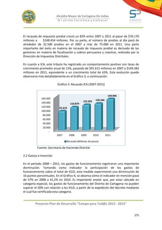 Alcaldía Mayor de Cartagena De Indias
                          D i strito Turístico y Cultural




El recaudo de impuesto predial creció un 82% entre 2007 y 2011 al pasar de $76.170
millones a     $148.454 millones. Por su parte, el número de predios al día pasó de
alrededor de 32.500 predios en el 2007 a más de 75.000 en 2011. Una parte
importante del éxito en materia de recaudo de impuesto predial es derivada de las
gestiones en materia de fiscalización y cobros persuasivo y coactivo, realizada por la
Dirección de Impuestos Distritales.

En cuanto a ICA, este tributo ha registrado un comportamiento positivo con tasas de
crecimiento promedio anual de 13%, pasando de $91.615 millones en 2007 a $149.382
millones en 2011, equivalente a un crecimiento total de 63%. Esta evolución puede
observarse más detalladamente en el Gráfico 3, a continuación:

                         Gráfico 3. Recaudo ICA (2007-2011)


                                                                     149.996
             160.000
                                               122.091    128.266
             140.000                110.879
             120.000       91.615
             100.000
              80.000
              60.000
              40.000
              20.000
                  -
                         2007       2008      2009       2010       2011

                                Recaudo (Millones de pesos)

          Fuente: Secretaría de Hacienda Distrital

2.2 Gastos e Inversión

En el período 2008 – 2011, los gastos de funcionamiento registraron una importante
disminución. Tomando como indicador la participación de los gastos de
funcionamiento sobre el total de ICLD, esta medida experimentó una disminución de
16 puntos porcentuales. En el Gráfico 4, se observa cómo el indicador en mención pasó
de 57% en 2008 a 41,2% en 2010. Es importante anotar que, por estar ubicado en
categoría especial, los gastos de funcionamiento del Distrito de Cartagena no pueden
superar el 50% con relación a los ICLD, a partir de la expedición del decreto mediante
el cual fue certificada esta categoría.


         Proyecto Plan de Desarrollo "Campo para Tod@s 2012 - 2015"


                                                                                  275
 