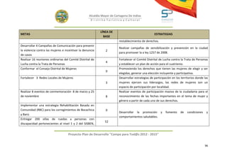 Alcaldía Mayor de Cartagena De Indias
                                                     D i strito Turístico y Cultural



                                                            LÍNEA DE
METAS                                                                                               ESTRATEGIAS
                                                              BASE
                                                                         restablecimiento de derechos.
Desarrollar 4 Campañas de Comunicación para prevenir
                                                                         Realizar campañas de sensibilización y prevención en la ciudad
la violencia contra las mujeres e incentivar la denuncia       2
                                                                         para promover la a ley 1257 de 2008.
de casos
Realizar 16 reuniones ordinarias del Comité Distrital de                 Fortalecer el Comité Distrital de Lucha contra la Trata de Personas
                                                               4
Lucha contra la Trata de Personas                                        y establecer un plan de acción para el cuatrienio.
Conformar el Consejo Distrital de Mujeres                                Promoviendo los derechos que tienen las mujeres de elegir y ser
                                                               0
                                                                         elegidas, generar una elección incluyente y participativa.
Fortalecer 3 Redes Locales de Mujeres                                    Desarrollar estrategias de participación en los territorios donde las
                                                               3         mujeres ejercen sus liderazgos, las redes de mujeres son un
                                                                         espacio de participación por localidad.
Realizar 8 eventos de conmemoración 8 de marzo y 25                      Realizar eventos de participación masiva de la ciudadanía para el
de noviembre                                                   8         reconocimiento de las fechas importantes en el tema de mujer y
                                                                         género a partir de cada uno de sus derechos.
Implementar una estrategia Rehabilitación Basada en
Comunidad (RBC) para los corregimientos de Bocachica           0
                                                                         Desarrollar la promoción y          fomento    de    condiciones   y
y Barú.
                                                                         comportamientos saludables.
Entregar 200 sillas de ruedas a personas con
                                                               52
discapacidad pertenecientes al nivel 1 y 2 del SISBEN,


                                    Proyecto Plan de Desarrollo "Campo para Tod@s 2012 - 2015"


                                                                                                                                            96
 