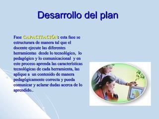 Desarrollo del planDesarrollo del plan
FaseFase CAPACITACIÓNCAPACITACIÓN:: esta fase seesta fase se
estructurara de manera tal que elestructurara de manera tal que el
docente ejecute las diferentesdocente ejecute las diferentes
herramientas desde lo tecnológico, loherramientas desde lo tecnológico, lo
pedagógico y lo comunicacional y enpedagógico y lo comunicacional y en
este proceso aprenda las característicaseste proceso aprenda las características
tecnológicas de cada herramienta, lastecnológicas de cada herramienta, las
aplique a un contenido de maneraaplique a un contenido de manera
pedagógicamente correcta y puedapedagógicamente correcta y pueda
comunicar y aclarar dudas acerca de locomunicar y aclarar dudas acerca de lo
aprendido..aprendido..
 