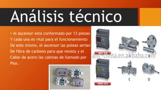 Análisis técnico
• el ascensor esta conformado por 13 piezas
Y cada una es vital para el funcionamiento
De este mismo, el ascensor las poleas serian
De fibra de carbono para que resista y el
Cable de acero las cabinas de llamado por
Piso.
 