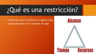 ¿Qué es una restricción?
• Limitación que se produce en alguna cosa,
• especialmente en el consumo de algo.
 