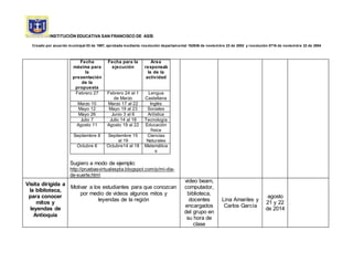 INSTITUCIÓN EDUCATIVA SAN FRANCISCO DE ASÍS
Creado por acuerdo municipal 03 de 1997, aprobada mediante resolución departamental 162636 de noviembre 23 de 2002 y resolución 0716 de noviembre 22 de 2004
Fecha
máxima para
la
presentación
de la
propuesta
Fecha para la
ejecución
Área
responsab
le de la
actividad
Febrero 27 Febrero 24 al 1
de Marzo
Lengua
Castellana
Marzo 10 Marzo 17 al 22 Inglés
Mayo 12 Mayo 19 al 23 Sociales
Mayo 26 Junio 3 al 6 Artística
Julio 7 Julio 14 al 18 Tecnología
Agosto 11 Agosto 19 al 22 Educación
física
Septiembre 8 Septiembre 15
al 19
Ciencias
Naturales
Octubre 6 Octubre14 al 18 Matemática
s
Sugiero a modo de ejemplo:
http://pruebasvirtualespta.blogspot.com/p/mi-dia-
de-suerte.html
Visita dirigida a
la biblioteca,
para conocer
mitos y
leyendas de
Antioquia
Motivar a los estudiantes para que conozcan
por medio de videos algunos mitos y
leyendas de la región
video beam,
computador,
biblioteca,
docentes
encargados
del grupo en
su hora de
clase
Lina Amariles y
Carlos García
agosto
21 y 22
de 2014
 