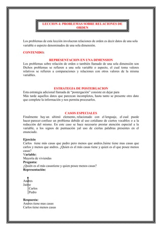 LECCION 4: PROBLEMAS SOBRE RELACIONES DE
ORDEN

Los problemas de esta lección involucran relaciones de orden es decir datos de una sola
variable o aspecto denominados de una sola dimensión.
CONTENIDO:
REPRESENTACION EN UNA DIMENSION
Los problemas sobre relación de orden o también llamado de una sola dimensión son
Dichos problemas se refieren a una sola variable o aspecto, el cual toma valores
relativos se refieren a comparaciones y relaciones con otros valores de la misma
variables.

ESTRATEGIA DE POSTERGACION
Esta estrategia adicional llamada de “postergación” consiste en dejar para
Más tarde aquellos datos que parezcan incompletos, hasta tanto se presente otro dato
que complete la información y nos permita procesarlos.

CASOS ESPECIALES
Finalmente hay un ultimó elemento, relacionado con el lenguaje, el cual puede
hacer parecer confuso un problema debido al uso cotidiano de ciertos vocablos o a la
redacción del mismo. En este caso se hace necesario prestar atención especial a la
variable, a los signos de puntuación yal uso de ciertas palabras presentes en el
enunciado.
Ejercicio
Carlos tiene más casas que pedro pero menos que andres.Jaime tiene mas casas que
carlos y menos que andres. ¿Quien es el más casas tiene y quien es el que posee menos
casas?
Variable:
Mayoría de viviendas
Pregunta:
¿Quién es el más casastiene y quien posee menos casas?
Representación:

Andres
Jaime
Carlos
Pedro
Respuesta:
Andres tiene mas casas
Carlos tiene menos casas

 