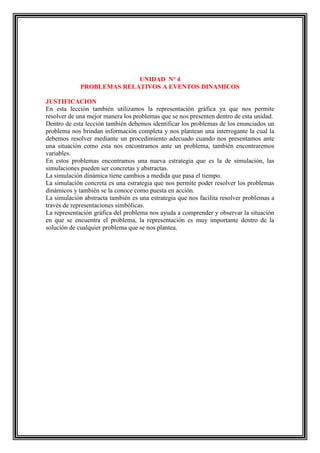 UNIDAD Nº 4
PROBLEMAS RELATIVOS A EVENTOS DINAMICOS
JUSTIFICACION
En esta lección también utilizamos la representación gráfica ya que nos permite
resolver de una mejor manera los problemas que se nos presenten dentro de esta unidad.
Dentro de esta lección también debemos identificar los problemas de los enunciados un
problema nos brindan información completa y nos plantean una interrogante la cual la
debemos resolver mediante un procedimiento adecuado cuando nos presentamos ante
una situación como esta nos encontramos ante un problema, también encontraremos
variables.
En estos problemas encontramos una nueva estrategia que es la de simulación, las
simulaciones pueden ser concretas y abstractas.
La simulación dinámica tiene cambios a medida que pasa el tiempo.
La simulación concreta es una estrategia que nos permite poder resolver los problemas
dinámicos y también se la conoce como puesta en acción.
La simulación abstracta también es una estrategia que nos facilita resolver problemas a
través de representaciones simbólicas.
La representación gráfica del problema nos ayuda a comprender y observar la situación
en que se encuentra el problema, la representación es muy importante dentro de la
solución de cualquier problema que se nos plantea.

 