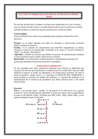 LECCION 10: PROBLEMAS DINAMICOS. ESTRATEGIA MEDIOSFINES

En este tipo de ejercicios el tiempo es un factor muy importante en la cual se tomara
muy en cuenta el estado inicial y el estado final de cada uno de los ejercicios a realizar
teniendo también en cuenta otro tipo de características a tomar en cuenta
CONTENIDO:
Primero definiré ciertos temas muy importantes para entender el desarrollo de los
ejercicios
Sistema.- es el medio ambiente con todos los elementos e interacciones existentes
donde se plantea la situación.
Estado...- es el conjunto de características que describen integralmente un objeto,
situación o evento en un instante dado; al primero se lo conoce E. “inicial” al último E.
“final” y los demás “intermedios”.
Operador.- conjunto de acciones que definen un proceso de transformación mediante
el cual se genera un nuevo estado a partir de uno existente.
Restricción.- es una limitación, condicionamiento o impedimento existente en el
sistema que determina la forma de actuar de los operadores
ESTRATEGIA MEDIO-FIN
Es una estrategia para tratar situaciones dinámicas que consiste en identificar una
secuencia de acciones que transformen el estado inicial el en estado final. Para esto debe
definirse el sistema, el estado, los operadores y las restricciones existentes. Se toma el
punto de partida o estado inicial, y se construye un ESPACIO DEL PROBLEMA y
sucesivamente se visualiza los estados del problema. La solución del problema es la
identificación de la secuencia de operadores que deben aplicarse para ir del estado
inicial al final.
Ejercicio
Robert y sus amigos tomas y pablo se encuentran en la orilla de un rio y quieren
cruzarlo lo cual es posible hacerlo utilizando la canoa que tienen, pero la capacidad de
la canoa es de máximo 120kg. Si Robert pesa 80k, tomas 50kg y pablo 40kg. ¿Cómo
pueden trasladarse hasta el otro lado?
(P, n .m .c ::)
(P, n::m, c)

(p::n, m, c)
(P .m .c :: n)
(M:: p. n, c)
(n. m. c:: p)
(:: p, n. m. c)

(N, m::p, c)

 