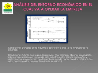   Condiciones actuales de la industria o sector en el que se ve involucrado la empresa.   Condiciones futuras que se pueden prever,  (por ejemplo: obtener información sobre el crecimiento en ventas de esta industria en los últimos cinco años y determinar que proyección de desarrollo se puede hacer para los próximos dos años con base a los datos obtenidos de la misma.)   
