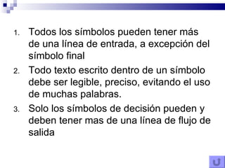 Todos los símbolos pueden tener más de una línea de entrada, a excepción del símbolo final  Todo texto escrito dentro de un símbolo debe ser legible, preciso, evitando el uso de muchas palabras. Solo los símbolos de decisión pueden y deben tener mas de una línea de flujo de salida  