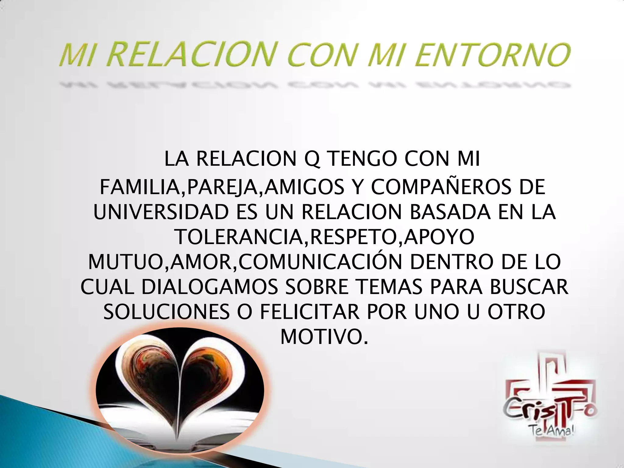 LA RELACION Q TENGO CON MI
  FAMILIA,PAREJA,AMIGOS Y COMPAÑEROS DE
 UNIVERSIDAD ES UN RELACION BASADA EN LA
         TOLERANCIA,RESPETO,APOYO
 MUTUO,AMOR,COMUNICACIÓN DENTRO DE LO
CUAL DIALOGAMOS SOBRE TEMAS PARA BUSCAR
  SOLUCIONES O FELICITAR POR UNO U OTRO
                  MOTIVO.
 