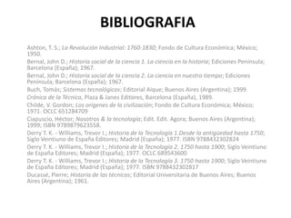BIBLIOGRAFIA
Ashton, T. S.; La Revolución Industrial: 1760-1830; Fondo de Cultura Económica; México;
1950.
Bernal, John D.; Historia social de la ciencia 1. La ciencia en la historia; Ediciones Península;
Barcelona (España); 1967.
Bernal, John D.; Historia social de la ciencia 2. La ciencia en nuestro tiempo; Ediciones
Península; Barcelona (España); 1967.
Buch, Tomás; Sistemas tecnológicos; Editorial Aique; Buenos Aires (Argentina); 1999.
Crónica de la Técnica, Plaza & Janes Editores, Barcelona (España), 1989.
Childe, V. Gordon; Los orígenes de la civilización; Fondo de Cultura Económica; México;
1971. OCLC 651284709
Ciapuscio, Héctor; Nosotros & la tecnología; Edit. Edit. Agora; Buenos Aires (Argentina);
1999; ISBN 9789879623558.
Derry T. K. - Williams, Trevor I.; Historia de la Tecnología 1.Desde la antigüedad hasta 1750;
Siglo Veintiuno de España Editores; Madrid (España); 1977. ISBN 9788432302824
Derry T. K. - Williams, Trevor I.; Historia de la Tecnología 2. 1750 hasta 1900; Siglo Veintiuno
de España Editores; Madrid (España); 1977. OCLC 689543600
Derry T. K. - Williams, Trevor I.; Historia de la Tecnología 3. 1750 hasta 1900; Siglo Veintiuno
de España Editores; Madrid (España); 1977. ISBN 9788432302817
Ducassé, Pierre; Historia de las técnicas; Editorial Universitaria de Buenos Aires; Buenos
Aires (Argentina); 1961.
 