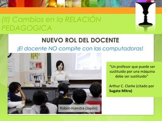 (II) Cambios en la RELACIÓN
PEDAGOGICA
            NUEVO ROL DEL DOCENTE
    ¡El docente NO compite con las computadoras!


                                          “Un profesor que puede ser
                                          sustituido por una máquina
                                             debe ser sustituido”

                                          Arthur C. Clarke (citado por
                                          Sugata Mitra)



                  Robot-maestra (Japón)
 