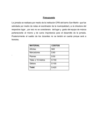Presupuesto
La jornada se realizara por medio de la institución CPB del barrio San Martin que fue
solicitada por medio de notas al coordinador de la municipalidad y a la directora del
respectivo lugar , por eso no se considerara del lugar y gasto del equipo de música
perteneciente al mismo y de suma importancia para el desarrollo de la jornada.
Posteriormente el sueldo de los docentes no se tendrá en cuenta porque será a
honores.
.
MATERIAL COSTOS
Afiches $40
Marcadores $ 80
Plumas $ 50
Telas x 10 metros $ 150
Globos $ 100
Total: $ 420
 