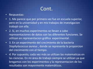 Cont.
• Respuestas:
• 1. Me parece que por primera vez fue en escuela superior,
pero en la universidad y en mis trabajos de investigacion
trabajé con ella.
• 2. Sí, en muchos experimentos se llevan a cabo
representaciones de datos con las diferentes funciones. Se
utilizan en representacion gráfica experimental.
• 3. En un experimento del crecimiento de la bacteria
Staphylococcus aureus , donde se representa la proporcion
del crecimiento con el tiempo.
• 4. Por supuesto, cada vez más se utilizan las matematicas en
las ciencias. En mi área de trabajo siempre se utilizan ya que
bregamos con los experimentos y la representacion de los
resultados son mayormente matemáticos.
 