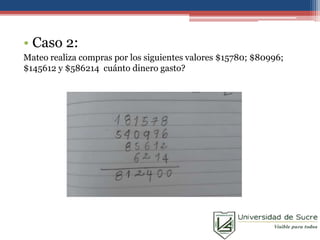 • Caso 2:
Mateo realiza compras por los siguientes valores $15780; $80996;
$145612 y $586214 cuánto dinero gasto?
 