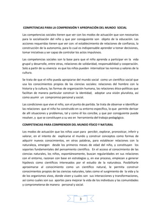 COMPETENCIAS PARA LA COMPRENSIÓN Y APROPIACIÓN DEL MUNDO SOCIAL
Las competencias sociales tienen que ver con los modos de actuación que son necesarios
para la socialización del niño y que por consiguiente son objeto de la educación. Las
acciones requeridas tienen que ver con: el establecimiento de relaciones de confianza, la
construcción de la autonomía, para lo cual es indispensable aprender a tomar decisiones,
tomar iniciativas y ser capaz de controlar los actos impulsivos.
Las competencias sociales son la base para que el niño aprenda a participar en la vida
grupal y desarrolle, entre otras, relaciones de solidaridad, responsabilidad y cooperación.
Solo a partir de su vivencia es que los niños pueden internalizar las normas y valores de la
cultura.
Se trata de que el niño pueda apropiarse del mundo social como un científico social que
usa los conocimientos propios de las ciencias sociales: relaciones del hombre con la
historia y la cultura, las formas de organización humana, las relaciones ético-políticas que
facilitan de manera particular construir la identidad, adoptar una visión pluralista, así
como asumir un compromiso personal y social.
Las condiciones que vive el niño, son el punto de partida. Se trata de observar e identificar
las relaciones que el niño ha construido en su entorno específico, lo que permite derivar
de allí situaciones y problemas, tal y como él los concibe, y que por consiguiente puede
resolver, y que se constituyen a su vez en herramienta del trabajo pedagógico.
COMPETENCIAS PARA COMPRENDER DEL MUNDO FÍSICO Y NATURAL
Los modos de actuación que los niños usan para percibir, explorar, pronosticar, inferir y
valorar, en el intento de explicarse el mundo y construir conceptos como formas de
adquirir nuevos conocimientos, en otras palabras, para establecer relaciones con la
naturaleza, emergen desde los primeros meses de edad del niño, y constituyen los
soportes fundamentales del pensamiento científico. En el acceso al conocimiento de las
ciencias naturales, los niños, espontáneamente, buscan regularidades en sus relaciones
con el entorno, razonan con base en estrategias y, en ese proceso, empiezan a generar
hipótesis como científicos interesados por el estudio de la naturaleza. Posibilitarle
aproximarse al conocimiento como un científico natural, le permita construir
conocimientos propios de las ciencias naturales, tales como el surgimiento de la vida y la
de los organismos vivos, donde viven y cuales son sus interacciones y transformaciones,
así como cuales son sus aportes para mejorar la vida de los individuos y las comunidades
y comprometerse de manera personal y social.

3

 
