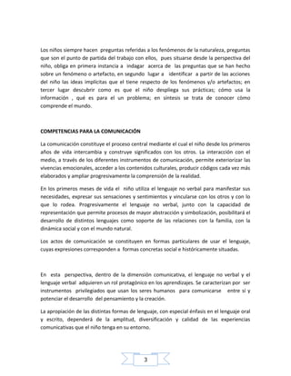 Los niños siempre hacen preguntas referidas a los fenómenos de la naturaleza, preguntas
que son el punto de partida del trabajo con ellos, pues situarse desde la perspectiva del
niño, obliga en primera instancia a indagar acerca de las preguntas que se han hecho
sobre un fenómeno o artefacto, en segundo lugar a identificar a partir de las acciones
del niño las ideas implícitas que el tiene respecto de los fenómenos y/o artefactos; en
tercer lugar descubrir como es que el niño despliega sus prácticas; cómo usa la
información , qué es para el un problema; en síntesis se trata de conocer còmo
comprende el mundo.

COMPETENCIAS PARA LA COMUNICACIÓN
La comunicación constituye el proceso central mediante el cual el niño desde los primeros
años de vida intercambia y construye significados con los otros. La interacción con el
medio, a través de los diferentes instrumentos de comunicación, permite exteriorizar las
vivencias emocionales, acceder a los contenidos culturales, producir códigos cada vez más
elaborados y ampliar progresivamente la comprensión de la realidad.
En los primeros meses de vida el niño utiliza el lenguaje no verbal para manifestar sus
necesidades, expresar sus sensaciones y sentimientos y vincularse con los otros y con lo
que lo rodea. Progresivamente el lenguaje no verbal, junto con la capacidad de
representación que permite procesos de mayor abstracción y simbolización, posibilitará el
desarrollo de distintos lenguajes como soporte de las relaciones con la familia, con la
dinámica social y con el mundo natural.
Los actos de comunicación se constituyen en formas particulares de usar el lenguaje,
cuyas expresiones corresponden a formas concretas social e históricamente situadas.

En esta perspectiva, dentro de la dimensión comunicativa, el lenguaje no verbal y el
lenguaje verbal adquieren un rol protagónico en los aprendizajes. Se caracterizan por ser
instrumentos privilegiados que usan los seres humanos para comunicarse entre sí y
potenciar el desarrollo del pensamiento y la creación.
La apropiación de las distintas formas de lenguaje, con especial énfasis en el lenguaje oral
y escrito, dependerá de la amplitud, diversificación y calidad de las experiencias
comunicativas que el niño tenga en su entorno.

3

 