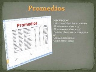 DESCRIPCION:
•Utilizamos Word Art en el titulo
•Alineamos nombres a 45°
•Alineamos nombres a -45°
•Pusimos el numero de maquina a
90°
•Utilizamos formulas
•Combinamos celdas

 