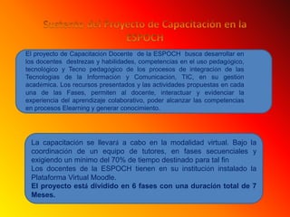 Sustento del Proyecto de Capacitación en la ESPOCHEl proyecto de Capacitación Docente  de la ESPOCH  busca desarrollar en los docentes  destrezas y habilidades, competencias en el uso pedagógico, tecnológico y Tecno pedagógico de los procesos de integración de las Tecnologías de la Información y Comunicación, TIC, en su gestión académica. Los recursos presentados y las actividades propuestas en cada una de las Fases, permiten al docente, interactuar y evidenciar la experiencia del aprendizaje colaborativo, poder alcanzar las competencias en procesos Elearning y generar conocimiento.La capacitación se llevará a cabo en la modalidad virtual. Bajo la coordinación de un equipo de tutores, en fases secuenciales y exigiendo un mínimo del 70% de tiempo destinado para tal finLos docentes de la ESPOCH tienen en su institución instalado la Plataforma Virtual Moodle.El proyecto está dividido en 6 fases con una duración total de 7 Meses.